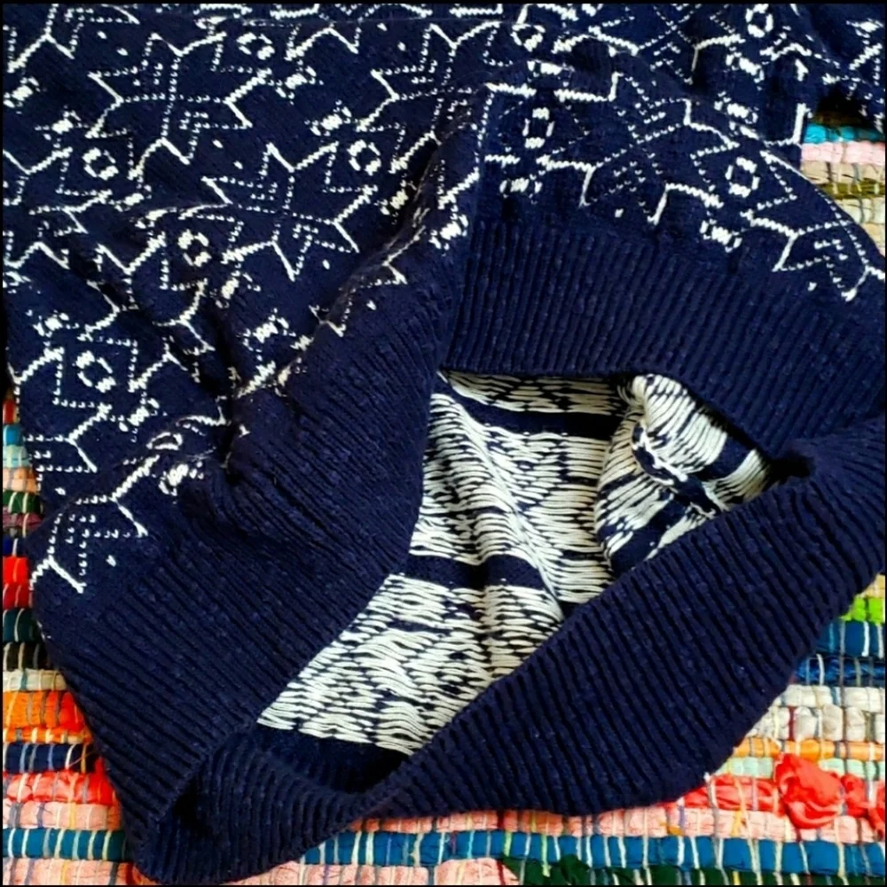French Connection Mens Crewneck Cotton Sweater Blue with White Snowflakes